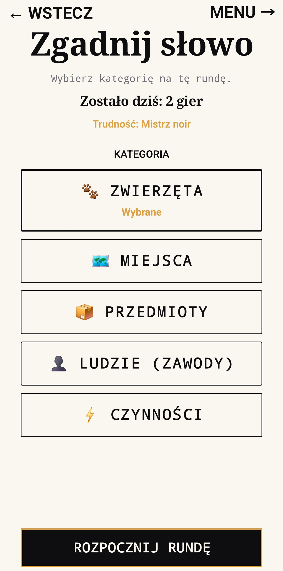 Zgadnij słowo — wybór kategorii