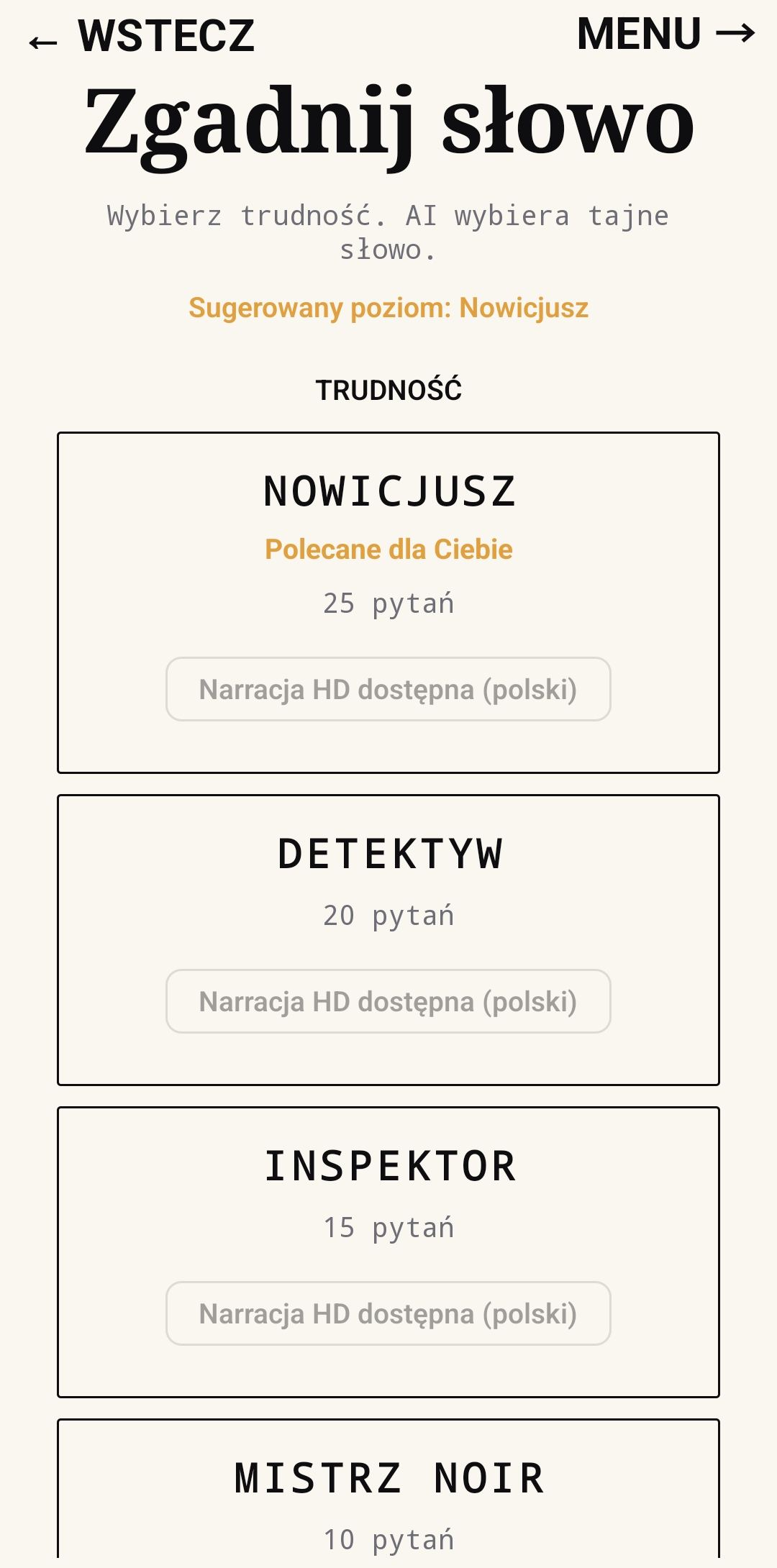 Zgadnij słowo — wybór trudności